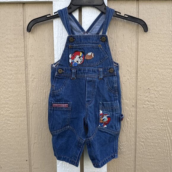 VTG Disney Babies Mickey Mouse Donald Duck Football Overalls Size 6/9 Months - Picture 1 of 8